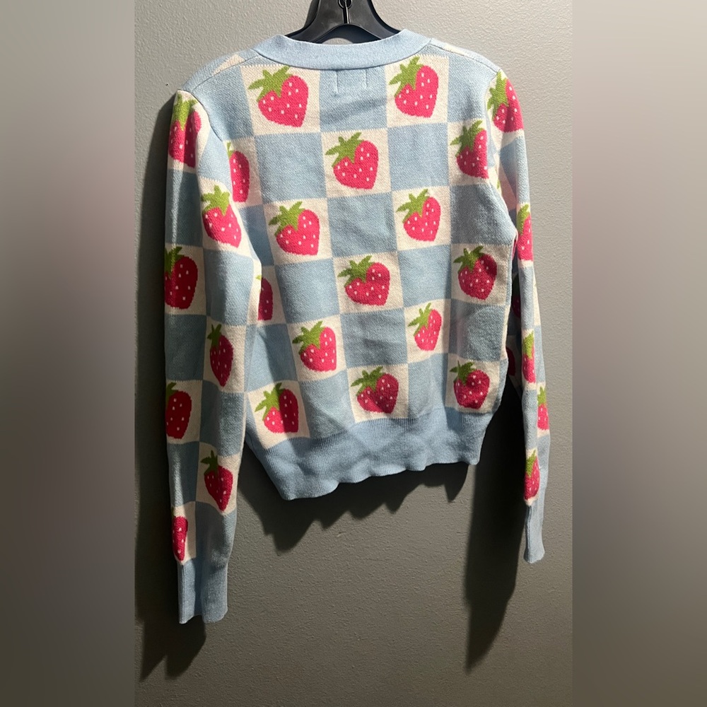 Chic Strawberry Patterned Light Blue Sweater - image 5
